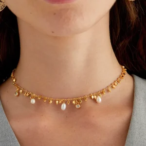 Collana girocollo oro con zirconi e perle