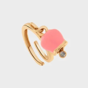 Anello in Metallo color oro con campanella portafortuna pendente rosa e punto luce