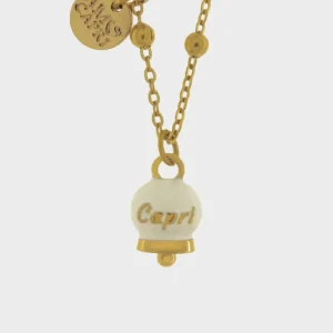 Collana in Acciaio con campanella pendente bianca e oro con scritta Capri
