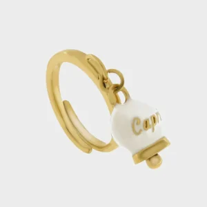 Anello in Acciaio con campanella pendente bianca e oro con scritta Capri