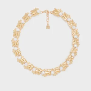COLLANA GIROCOLLO FOGLIE E PERLE ORO
