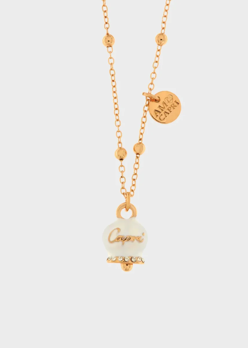 Collana in Metallo color oro rosa con campanella Capri bianca e cristalli - immagine 2